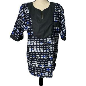 Hitarget Blouse Womens 1X Wax Print Blue V Neck‎ Short Sleeve All Over Print Top